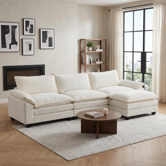 120" W Sectional Sofa L Shaped Couch with Chaise Living Room Sleeper Set, 3 Seats with Chenille and Double Layer Cushions Beige